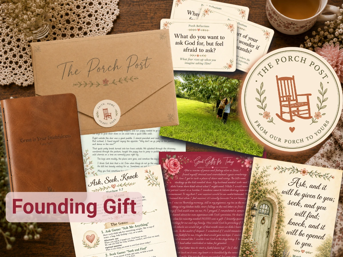 A Porch Post collage showing the envelope, journal, cards, letter, verse card, postcard, and sticker in a warm cottage-style flat lay